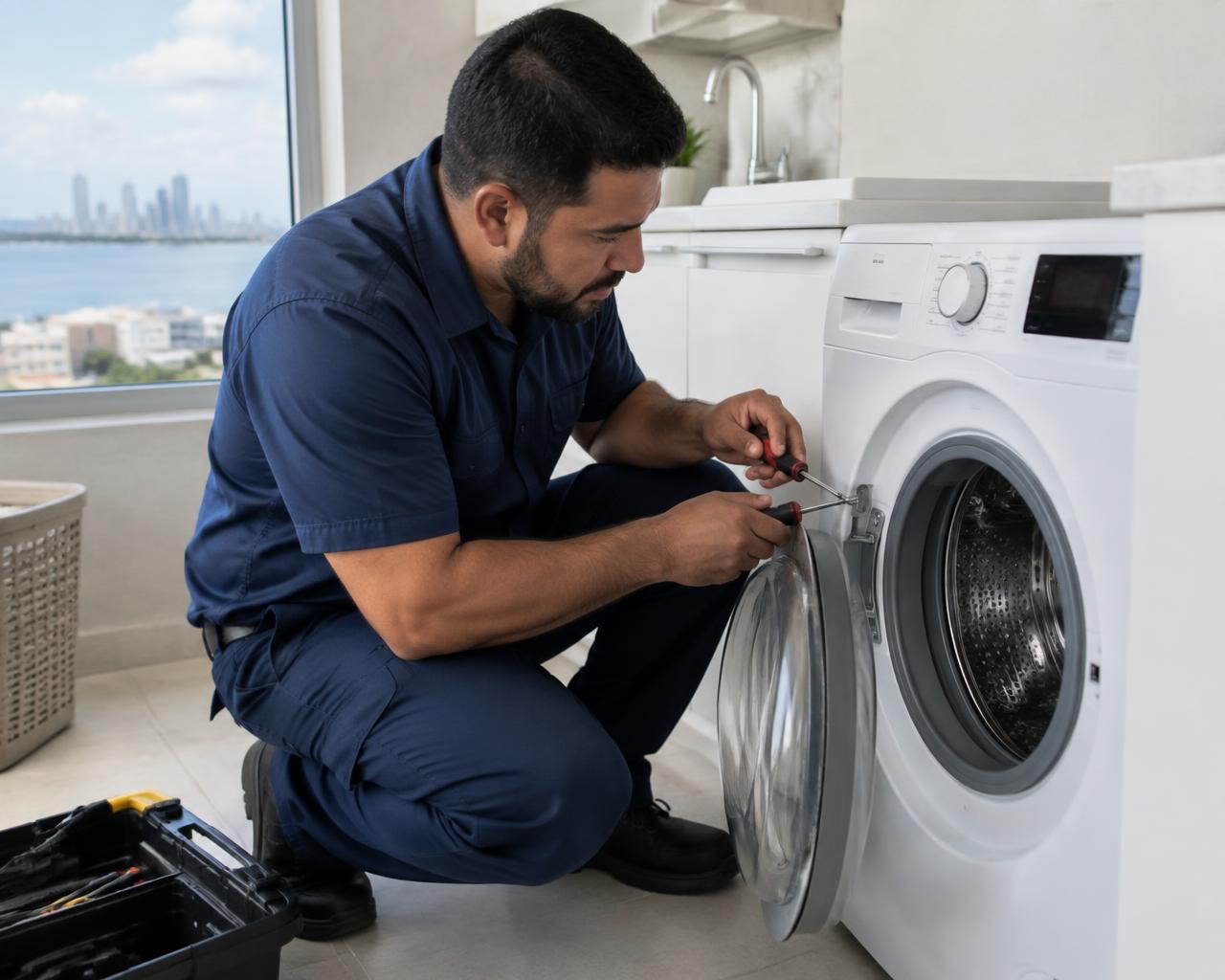 Técnico de Solvit reparando una lavadora en una residencia en Panamá